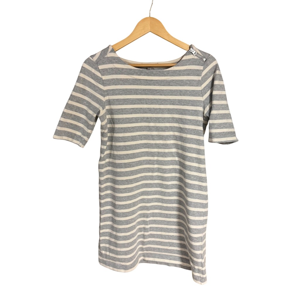 Gap Women Grey Cream Striped Cotton Knit Shift Dress Shoulder Zip Small